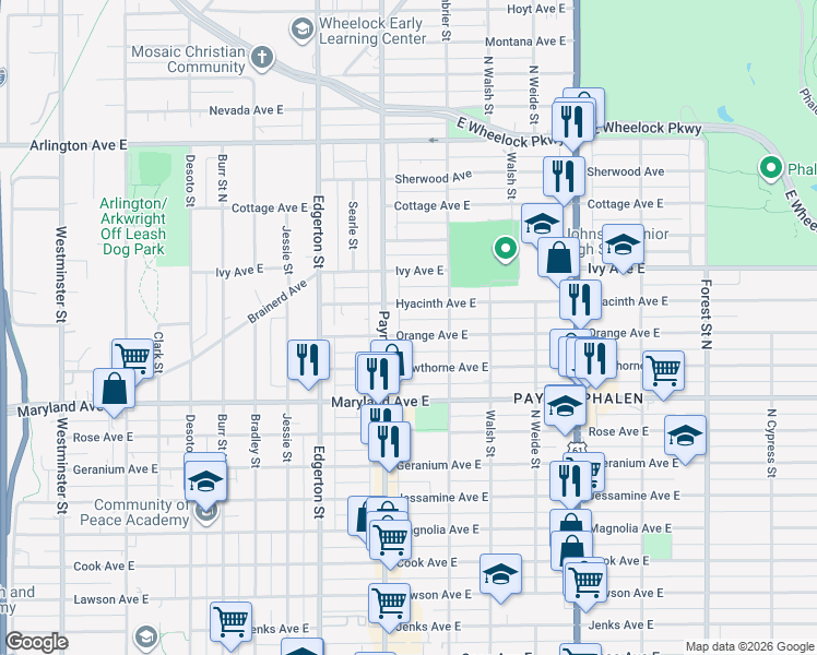 map of restaurants, bars, coffee shops, grocery stores, and more near 678 Orange Avenue East in Saint Paul