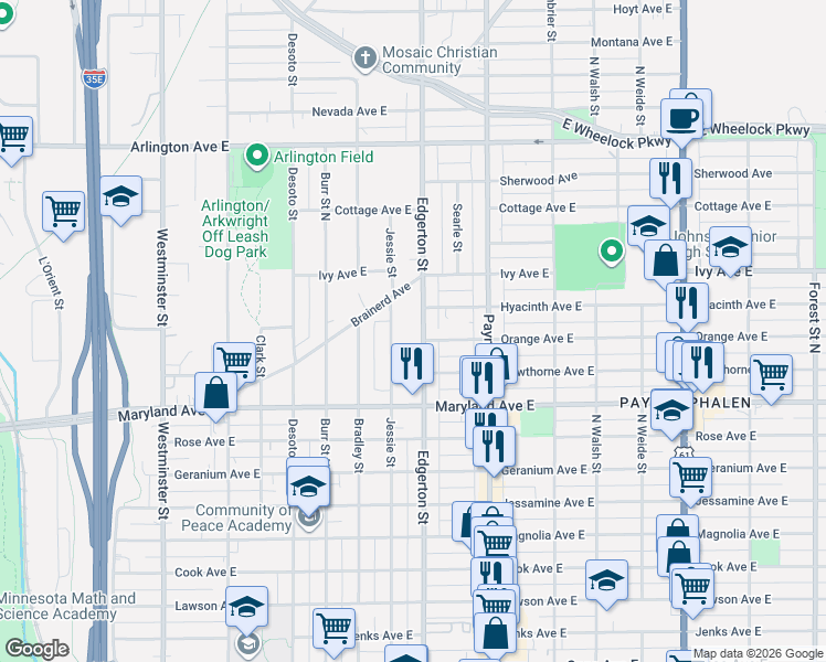 map of restaurants, bars, coffee shops, grocery stores, and more near 1255 Edgerton Street in Saint Paul
