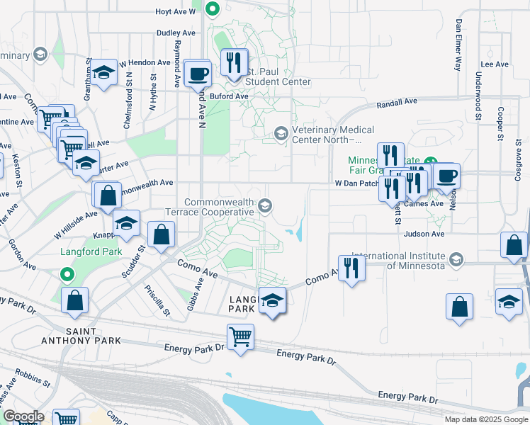 map of restaurants, bars, coffee shops, grocery stores, and more near 1250 Fifield Avenue in Falcon Heights