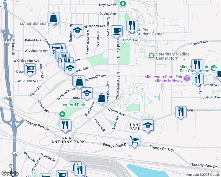 map of restaurants, bars, coffee shops, grocery stores, and more near 1267 Raymond Avenue in Saint Paul