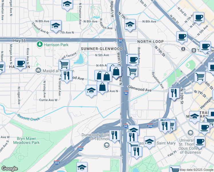 map of restaurants, bars, coffee shops, grocery stores, and more near 201-219 Aldrich Avenue North in Minneapolis