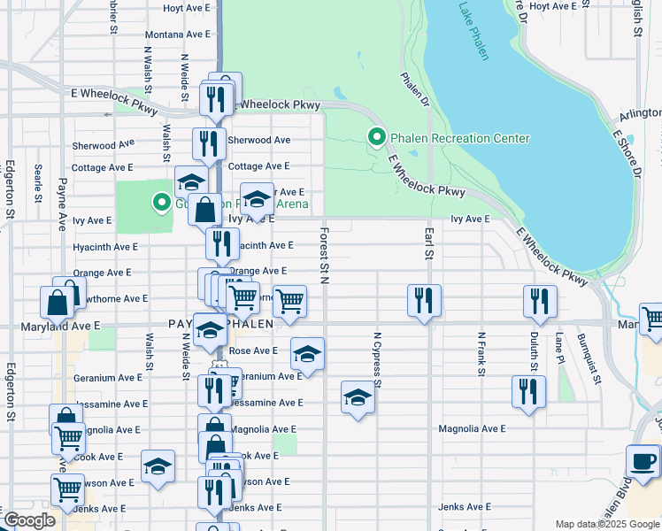 map of restaurants, bars, coffee shops, grocery stores, and more near 960 Orange Avenue East in Saint Paul
