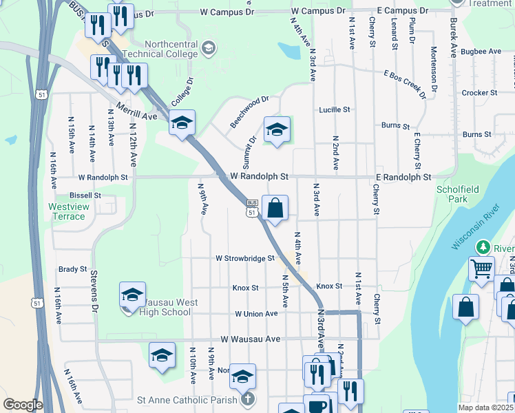 map of restaurants, bars, coffee shops, grocery stores, and more near 1305 Merrill Avenue in Wausau