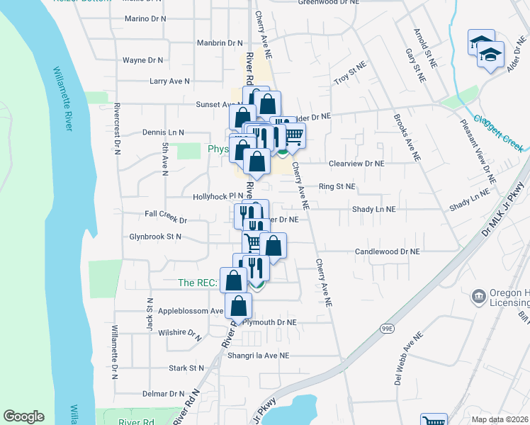 map of restaurants, bars, coffee shops, grocery stores, and more near 595 Bever Drive Northeast in Keizer