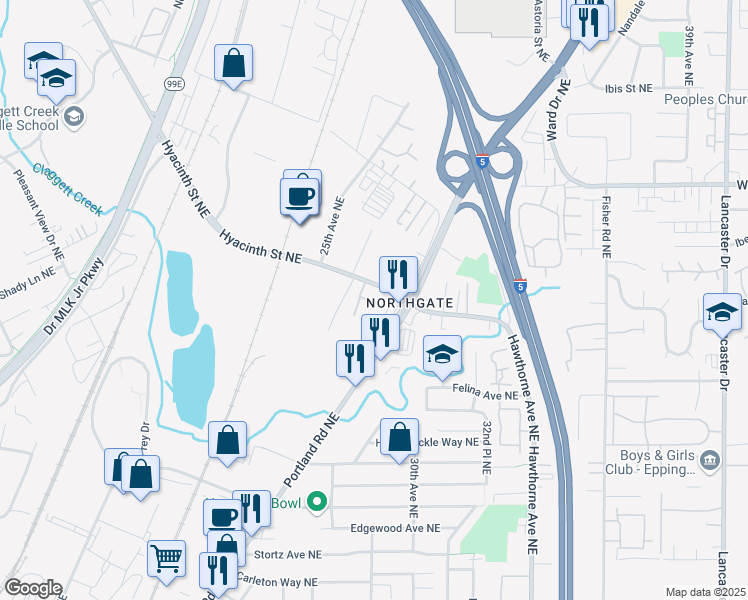 map of restaurants, bars, coffee shops, grocery stores, and more near 2540 Hyacinth Street Northeast in Salem
