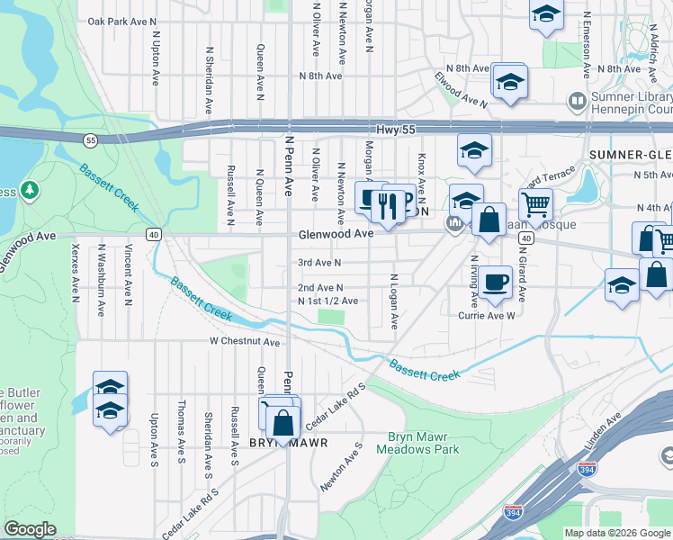 map of restaurants, bars, coffee shops, grocery stores, and more near 2000 2nd Avenue North in Minneapolis