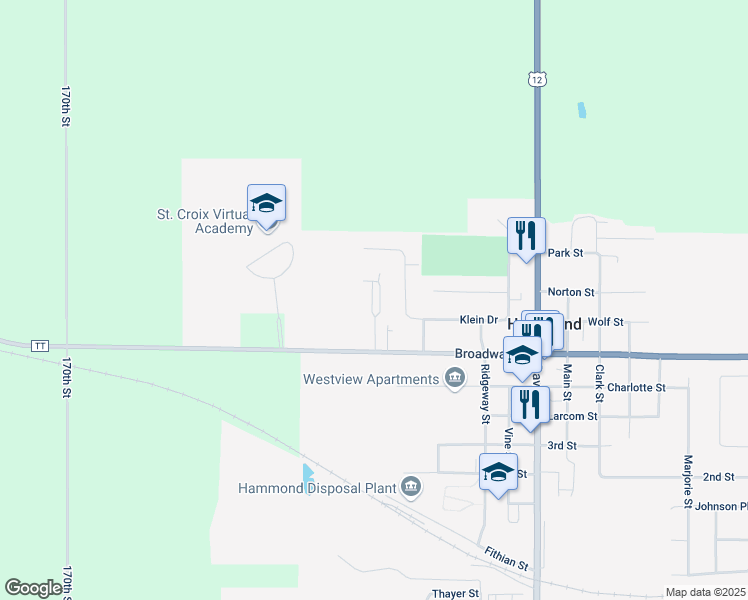 map of restaurants, bars, coffee shops, grocery stores, and more near 1415 Broadway Street in Hammond