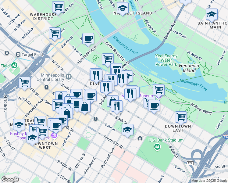 map of restaurants, bars, coffee shops, grocery stores, and more near 313 Washington Avenue South in Minneapolis