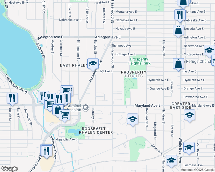 map of restaurants, bars, coffee shops, grocery stores, and more near 1250 Barclay Street in Saint Paul