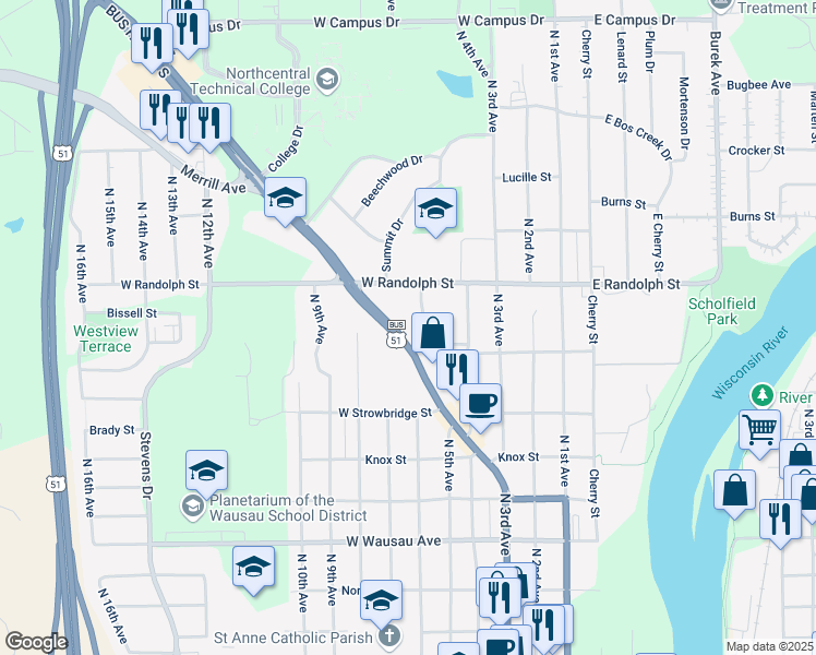 map of restaurants, bars, coffee shops, grocery stores, and more near in Wausau