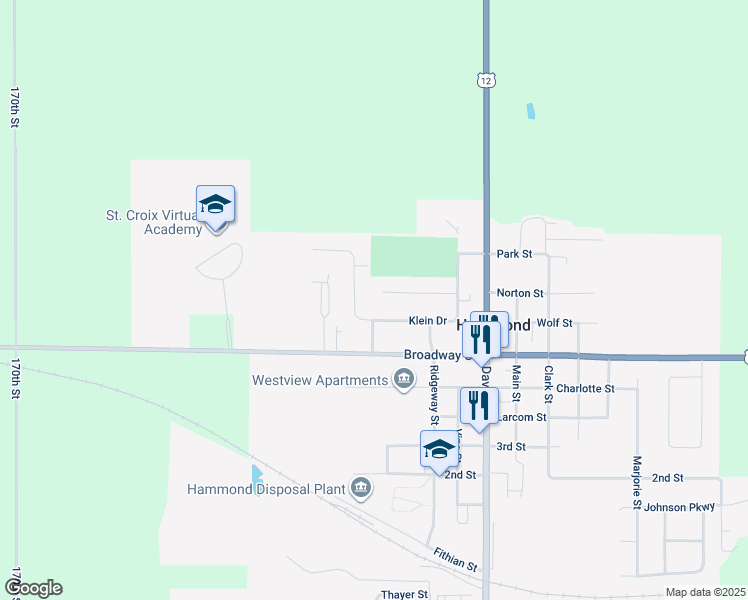 map of restaurants, bars, coffee shops, grocery stores, and more near 1265 Klein Drive in Hammond