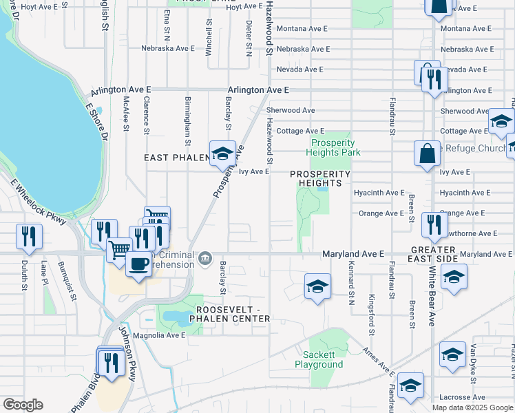 map of restaurants, bars, coffee shops, grocery stores, and more near 1250 Barclay Street in Saint Paul