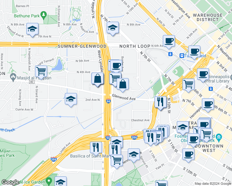 map of restaurants, bars, coffee shops, grocery stores, and more near 379 Glenwood Avenue in Minneapolis