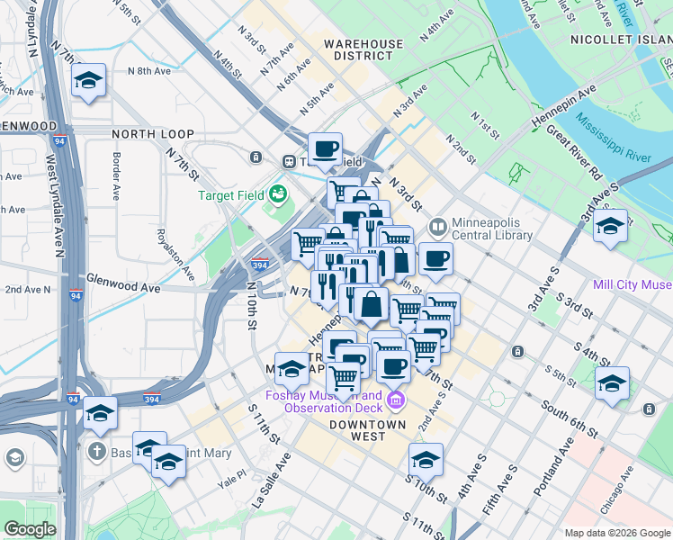 map of restaurants, bars, coffee shops, grocery stores, and more near 100 North 6th Street in Minneapolis