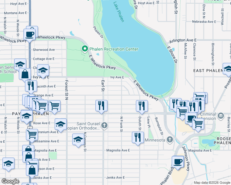 map of restaurants, bars, coffee shops, grocery stores, and more near 1104 Orange Avenue East in Saint Paul
