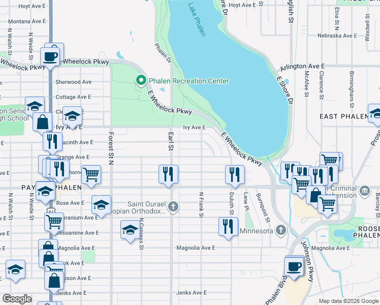 map of restaurants, bars, coffee shops, grocery stores, and more near 1104 Orange Avenue East in Saint Paul