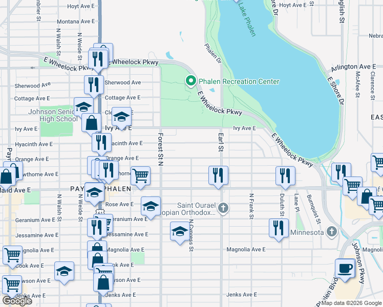 map of restaurants, bars, coffee shops, grocery stores, and more near 996 Orange Avenue East in Saint Paul