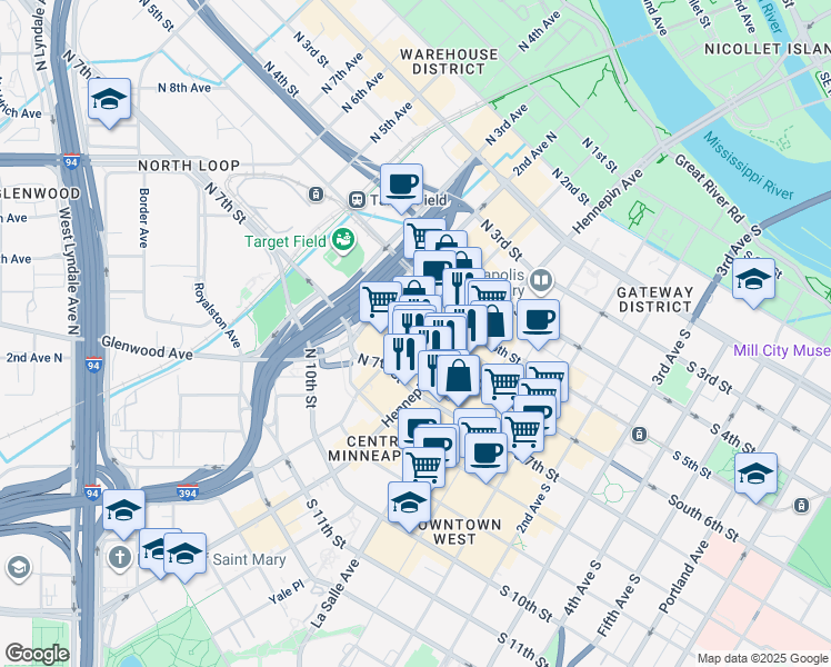 map of restaurants, bars, coffee shops, grocery stores, and more near 100 North 6th Street in Minneapolis