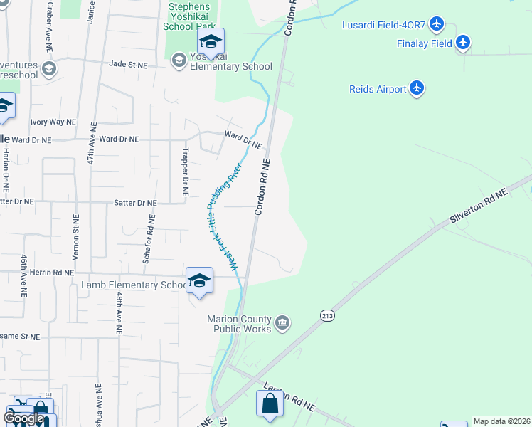 map of restaurants, bars, coffee shops, grocery stores, and more near 4128 Cordon Road Northeast in Salem