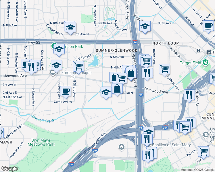 map of restaurants, bars, coffee shops, grocery stores, and more near 1010 2nd Avenue North in Minneapolis