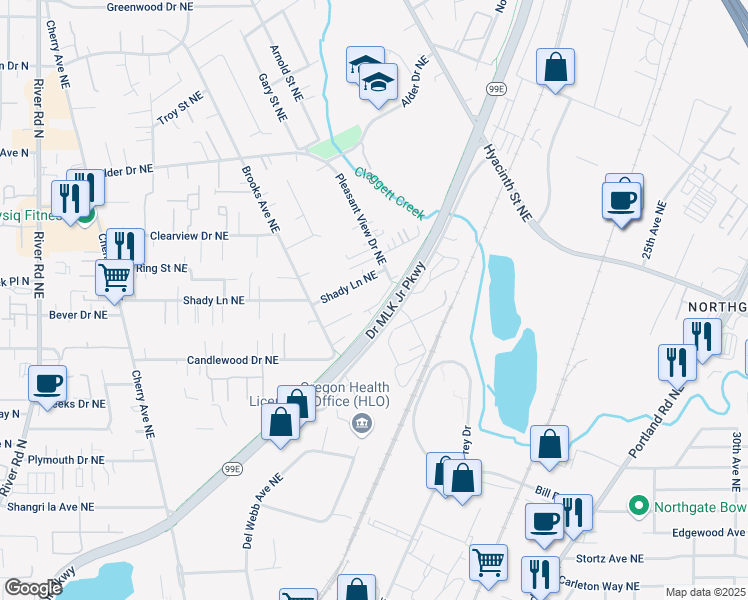 map of restaurants, bars, coffee shops, grocery stores, and more near 3655 Pleasant View Drive Northeast in Keizer