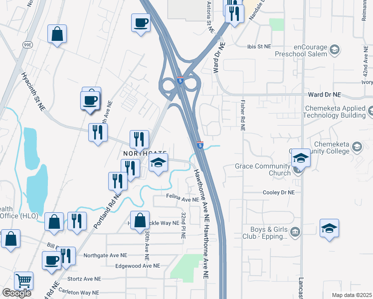 map of restaurants, bars, coffee shops, grocery stores, and more near 3252 Hyacinth Street Northeast in Salem
