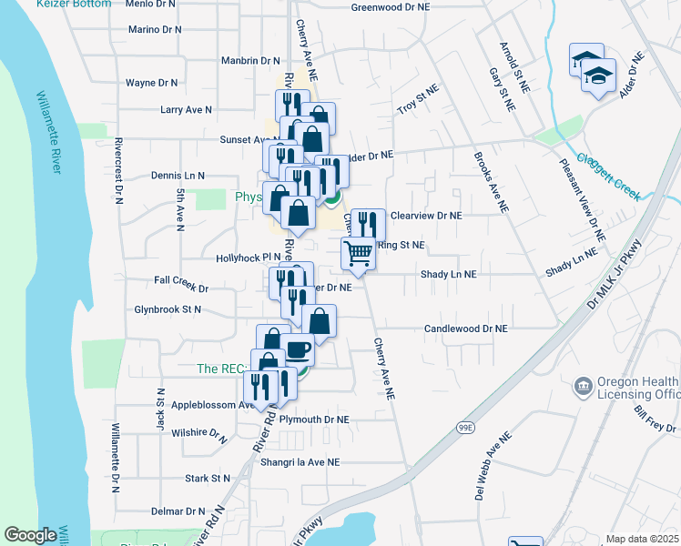 map of restaurants, bars, coffee shops, grocery stores, and more near 894 Bever Drive Northeast in Keizer