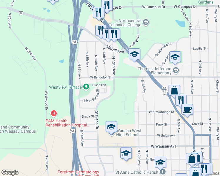 map of restaurants, bars, coffee shops, grocery stores, and more near 1313 Rose Marie Street in Wausau