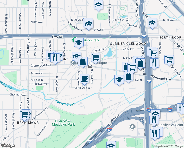 map of restaurants, bars, coffee shops, grocery stores, and more near 230 North Girard Avenue in Minneapolis