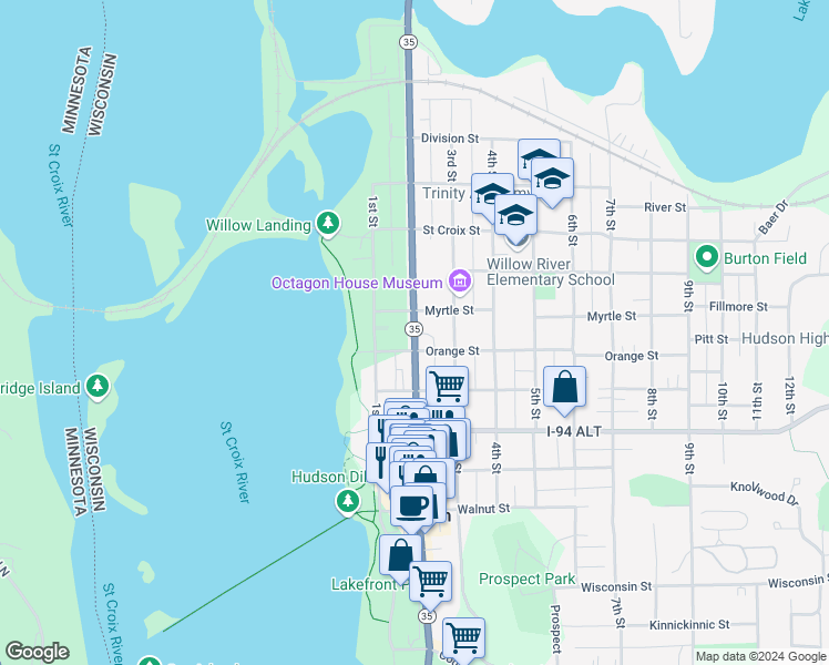 map of restaurants, bars, coffee shops, grocery stores, and more near 2nd Street in St. Croix County