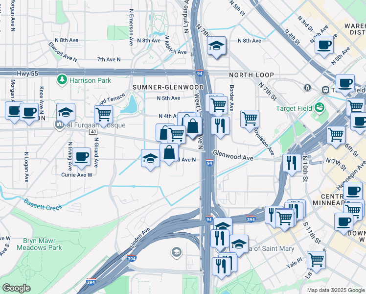 map of restaurants, bars, coffee shops, grocery stores, and more near 201 North Aldrich Avenue in Minneapolis