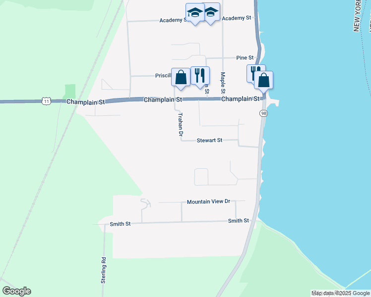 map of restaurants, bars, coffee shops, grocery stores, and more near 22 Stewart St in Rouses Point