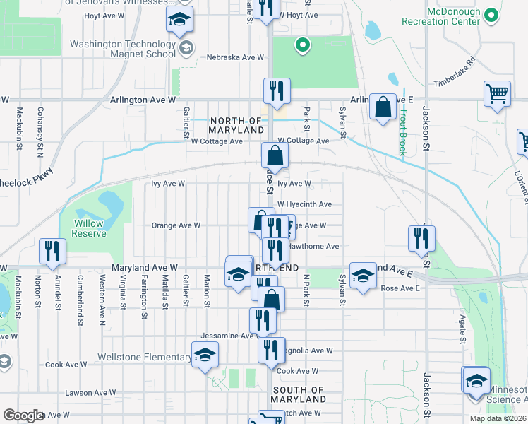 map of restaurants, bars, coffee shops, grocery stores, and more near 1295 Rice Street in Saint Paul