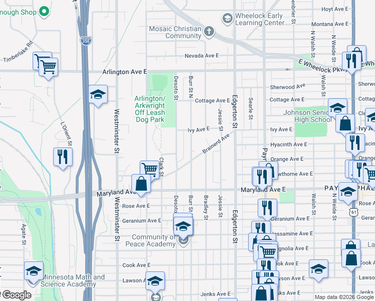map of restaurants, bars, coffee shops, grocery stores, and more near 1308 Burr Street North in Saint Paul