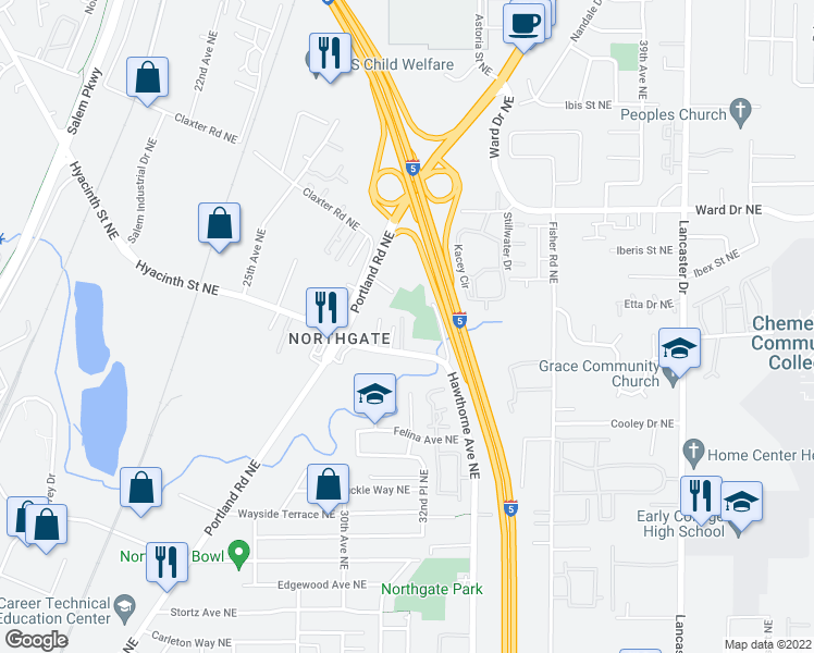 map of restaurants, bars, coffee shops, grocery stores, and more near 4273 32nd Place Northeast in Salem