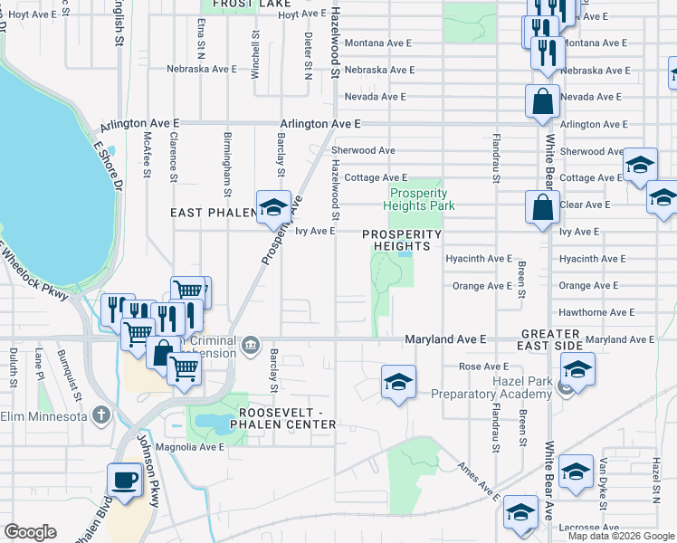 map of restaurants, bars, coffee shops, grocery stores, and more near 1303 Hazelwood Street in Saint Paul