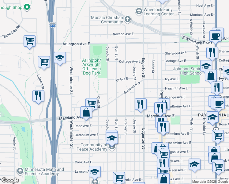 map of restaurants, bars, coffee shops, grocery stores, and more near 1308 Burr Street North in Saint Paul