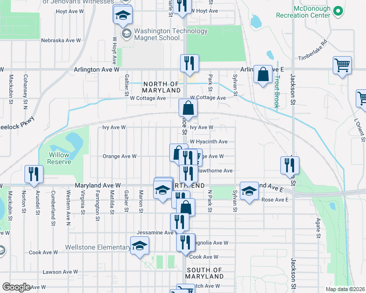 map of restaurants, bars, coffee shops, grocery stores, and more near 1295 Rice Street in Saint Paul