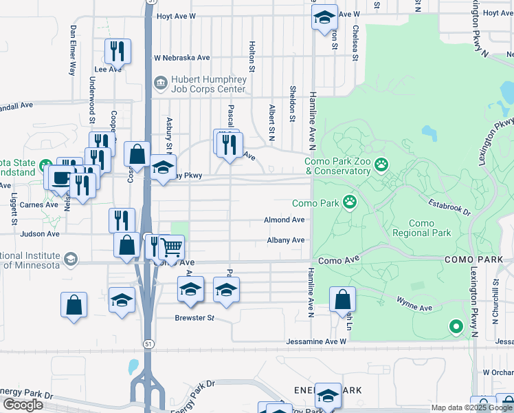 map of restaurants, bars, coffee shops, grocery stores, and more near 1412 Midway Parkway in Saint Paul