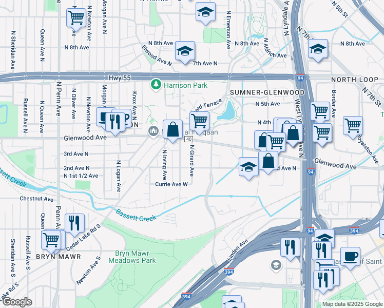 map of restaurants, bars, coffee shops, grocery stores, and more near 1225 Glenwood Avenue in Minneapolis