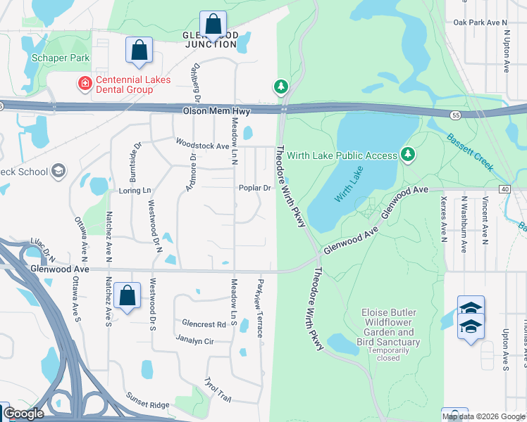 map of restaurants, bars, coffee shops, grocery stores, and more near 227 Sunnyridge Lane in Golden Valley