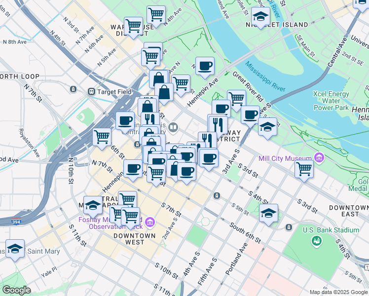 map of restaurants, bars, coffee shops, grocery stores, and more near 365 Nicollet Mall in Minneapolis