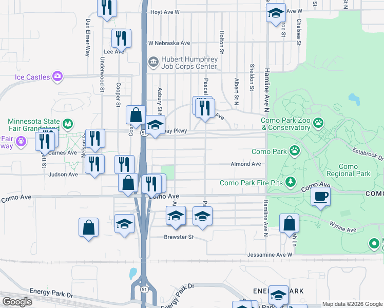 map of restaurants, bars, coffee shops, grocery stores, and more near 1496 Midway Parkway in Saint Paul