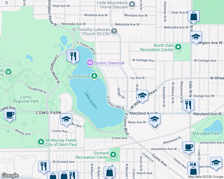 map of restaurants, bars, coffee shops, grocery stores, and more near 1300 East Como Boulevard in Saint Paul