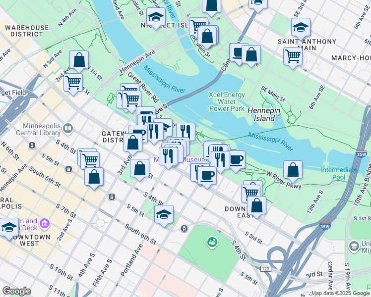 map of restaurants, bars, coffee shops, grocery stores, and more near 512 South 2nd Street in Minneapolis