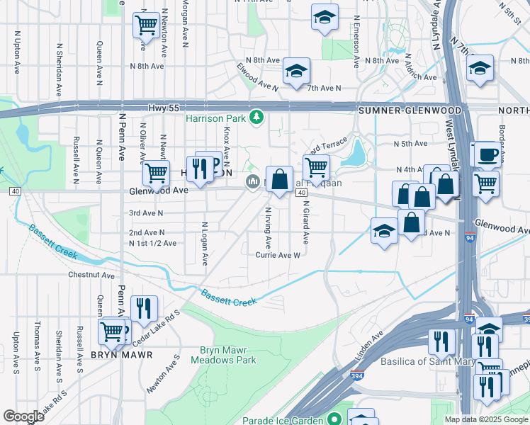 map of restaurants, bars, coffee shops, grocery stores, and more near 224 Cedar Lake Road North in Minneapolis