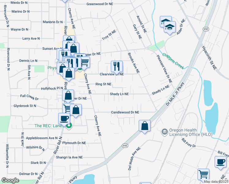 map of restaurants, bars, coffee shops, grocery stores, and more near 1267 Ring Street Northeast in Salem