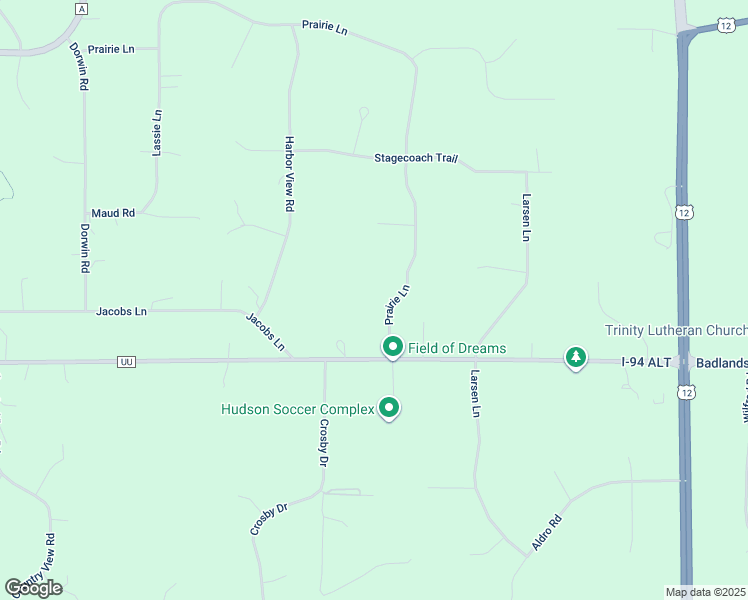 map of restaurants, bars, coffee shops, grocery stores, and more near 543 Prairie Lane in Hudson