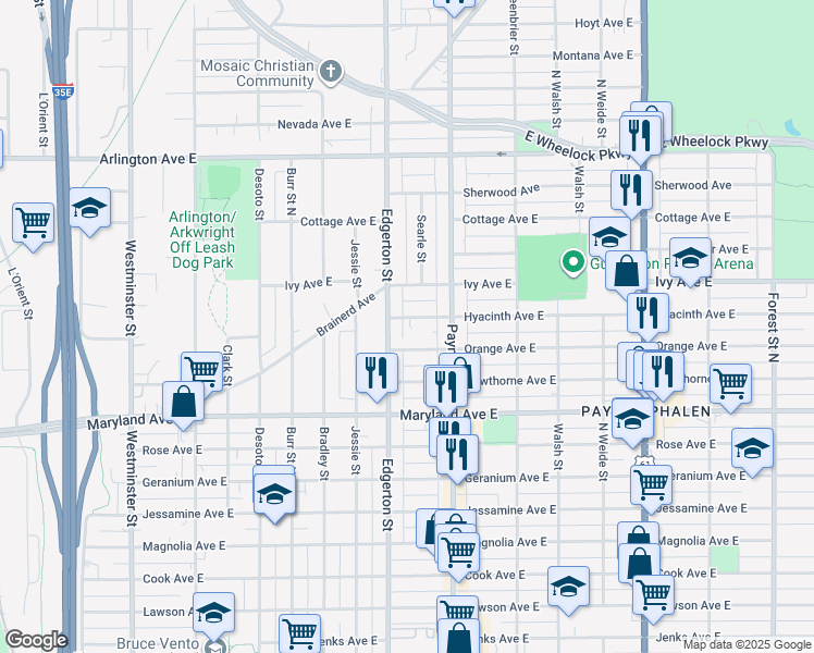map of restaurants, bars, coffee shops, grocery stores, and more near 605 Hyacinth Avenue East in Saint Paul