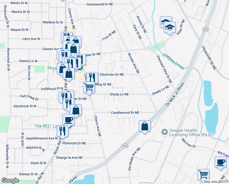 map of restaurants, bars, coffee shops, grocery stores, and more near 1267 Ring Street Northeast in Salem